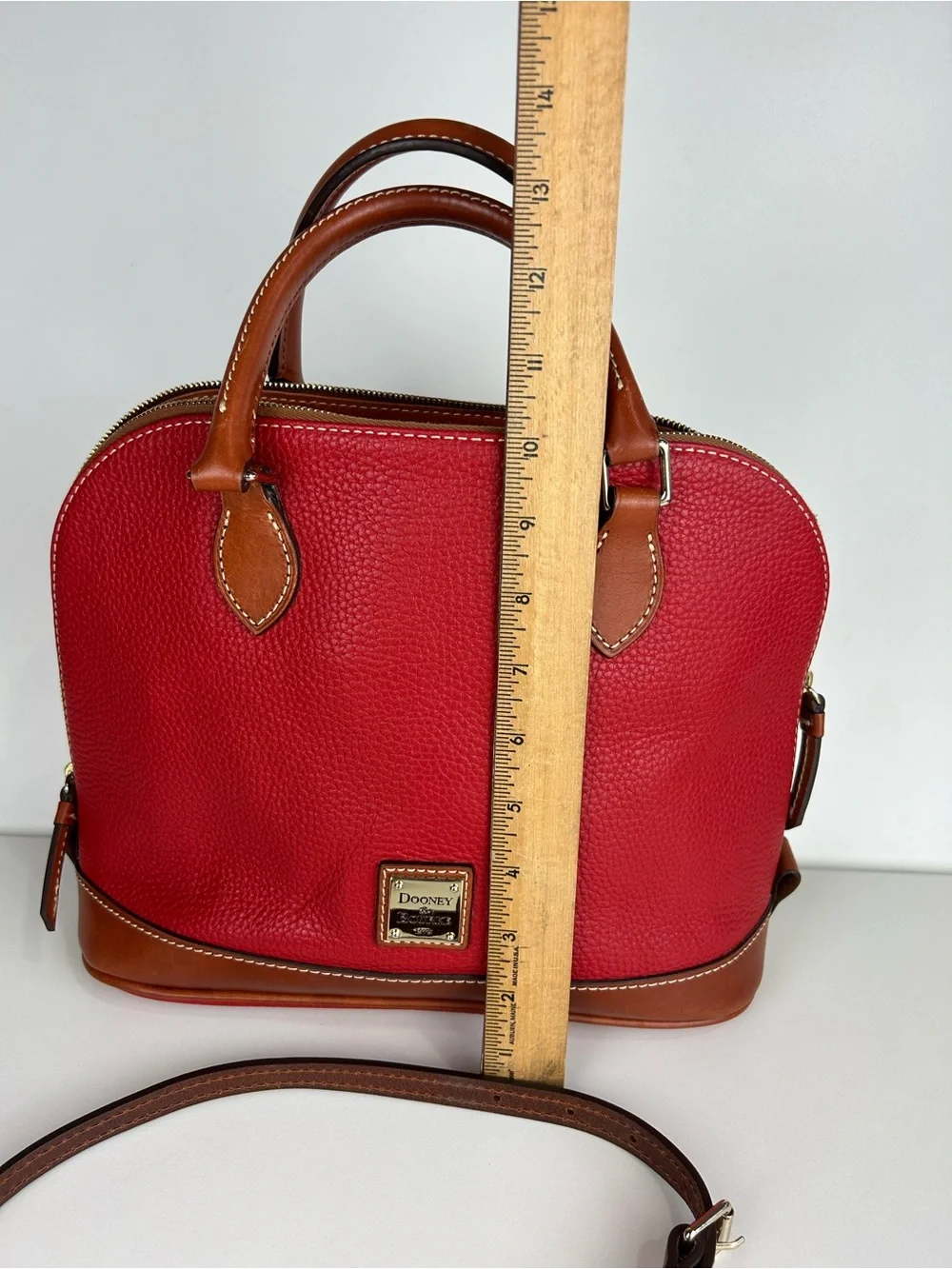 DOONEY & BOURKE PEBBLE GRAIN LEATHER DOME ZIP TOP RED AND TAN CROSSBODY HANDBAG